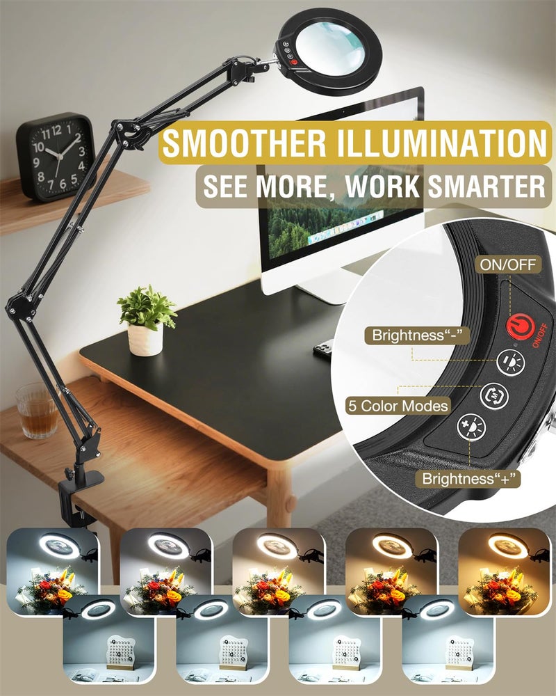 Krstlv 10X Magnifying Glass with Light and Clamp, Ultra Long 3 Section Swing Arm LED Desk Lamp, Real Glass Lens, 5 Color Modes Dimmable, Hands Free Lighted Magnifier with Stand for Repair Craft Close Work - Image 5