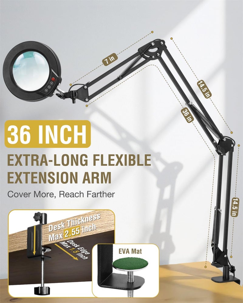 Krstlv 10X Magnifying Glass with Light and Clamp, Ultra Long 3 Section Swing Arm LED Desk Lamp, Real Glass Lens, 5 Color Modes Dimmable, Hands Free Lighted Magnifier with Stand for Repair Craft Close Work - Image 4