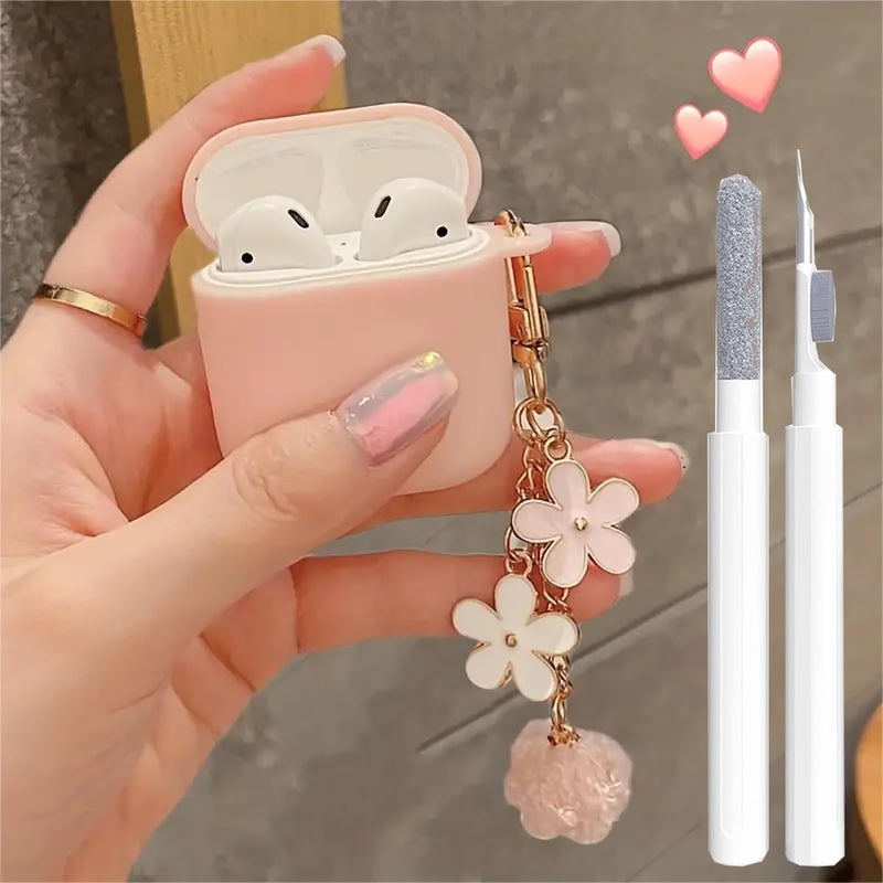OTOPO Cute Pink Case for Airpods 2nd/1st Generation Cover for Girl Women with Pom pom Flower Keychain & Cleaner Kit, Soft Silicone Airpods iPod 2nd/1st Gen Protective Cover Skin for Airpods 2/1 Gen, Pink - Image 1