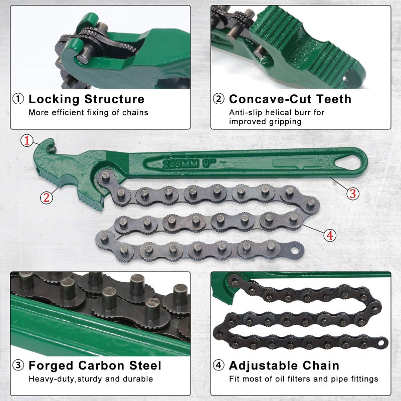 boeray 9 Inch Heavy Duty Ratcheting Chain Wrench Reversible Oil Filter Tool Pipe Fittings Tools Fit Max 5 Inch Diameter With Toothed Chain - Image 4