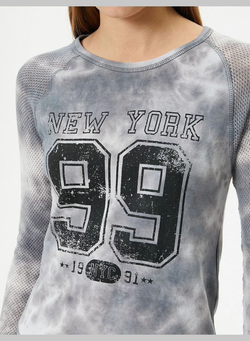 KOTON Mesh Detail T-Shirt Varsity Themed Tie-Dye Patterned Long Sleeve Cotton Slim Fit