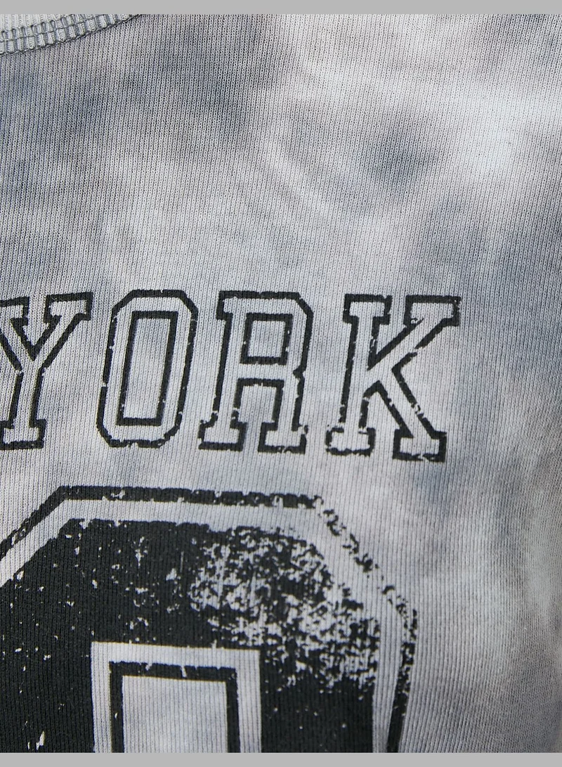 KOTON Mesh Detail T-Shirt Varsity Themed Tie-Dye Patterned Long Sleeve Cotton Slim Fit