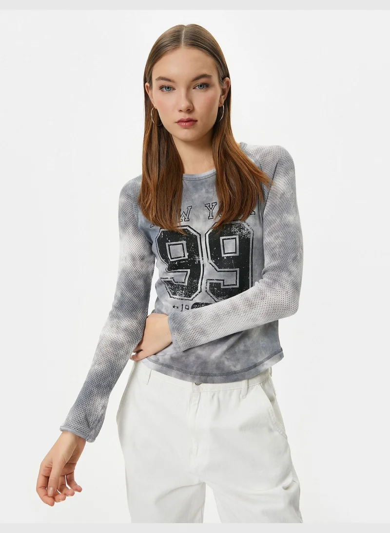 KOTON Mesh Detail T-Shirt Varsity Themed Tie-Dye Patterned Long Sleeve Cotton Slim Fit