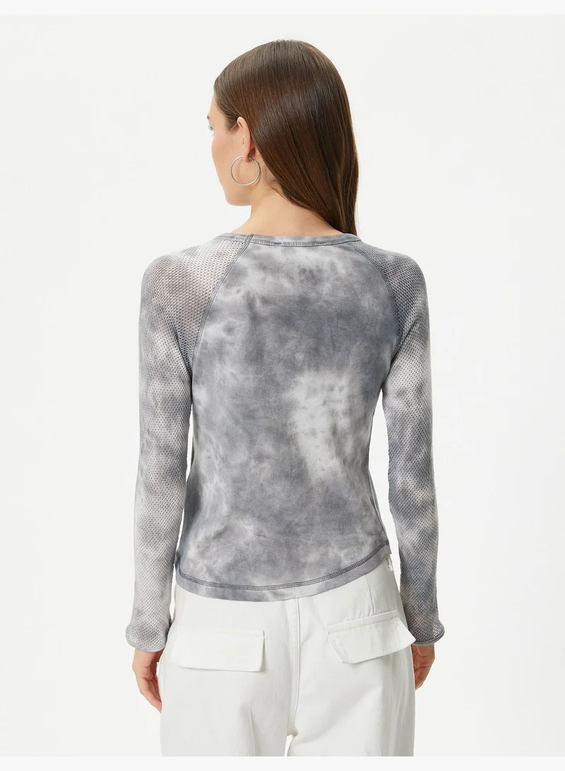 KOTON Mesh Detail T-Shirt Varsity Themed Tie-Dye Patterned Long Sleeve Cotton Slim Fit