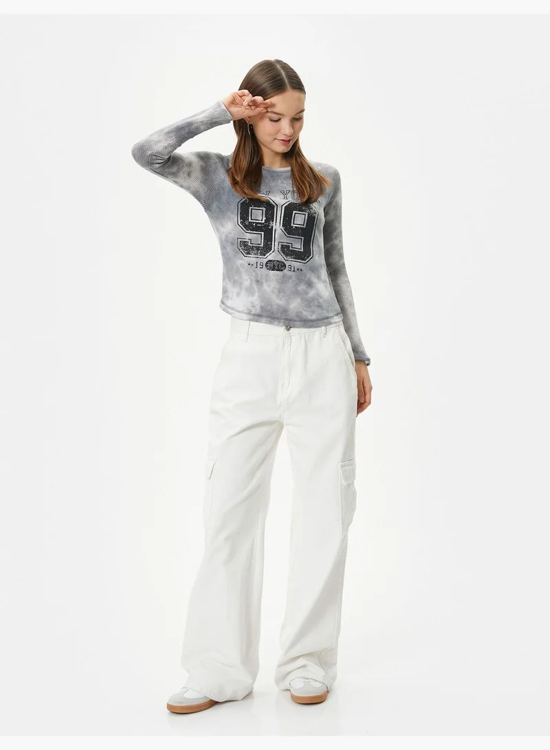 KOTON Mesh Detail T-Shirt Varsity Themed Tie-Dye Patterned Long Sleeve Cotton Slim Fit
