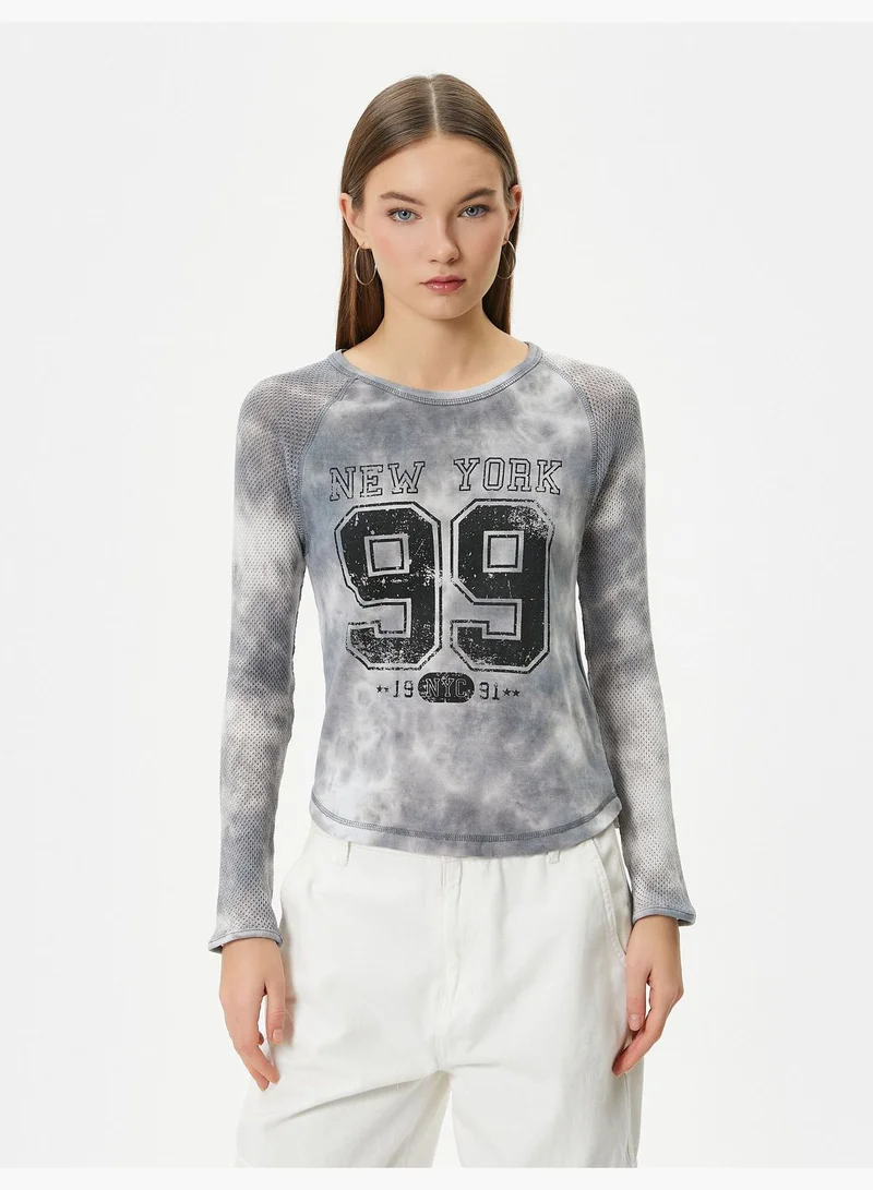 KOTON Mesh Detail T-Shirt Varsity Themed Tie-Dye Patterned Long Sleeve Cotton Slim Fit