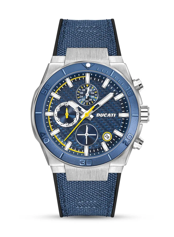 دوكاتي Ducati DT007 Chronograph Watch - 43.5MM Blue Textured Dial with Yellow Accents, Blue Leather Strap, Water Resistant up to 50M, Racing Spirit for Everyday Style