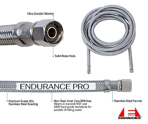 Endurance Pro 5 Foot Universal Ice Maker Flexible Braided Stainless Steel Water Supply Hose Connector Connection, 1/4 x 1/4 Inch Compression Fittings (1, 5 Foot) - Image 2