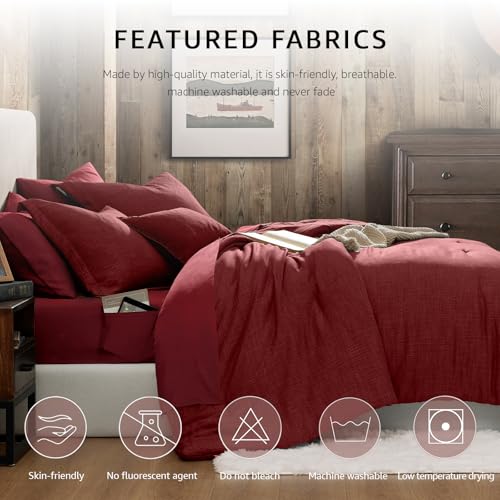 Geniospin Queen Comforter Set - 7 Pieces Comforter Queen Size, Solid Bedding Set for All Season, Dark Red Textured Bed in a Bag with Sheets - Image 3