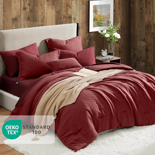 Geniospin Queen Comforter Set - 7 Pieces Comforter Queen Size, Solid Bedding Set for All Season, Dark Red Textured Bed in a Bag with Sheets - Image 2