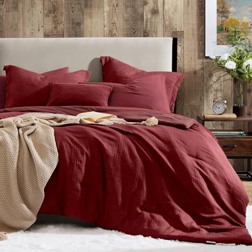 Geniospin Queen Comforter Set - 7 Pieces Comforter Queen Size, Solid Bedding Set for All Season, Dark Red Textured Bed in a Bag with Sheets - Image 1