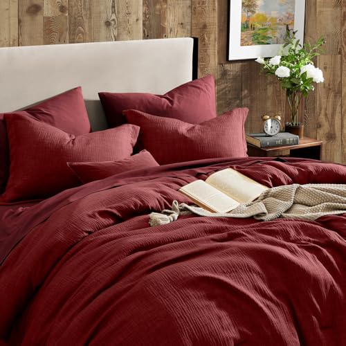 Geniospin Queen Comforter Set - 7 Pieces Comforter Queen Size, Solid Bedding Set for All Season, Dark Red Textured Bed in a Bag with Sheets - Image 4