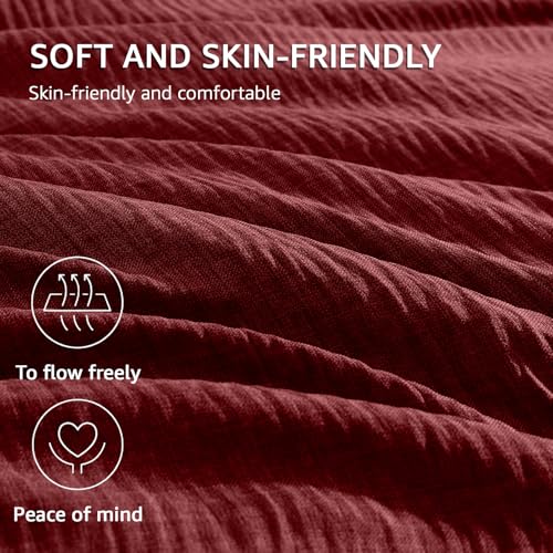 Geniospin Queen Comforter Set - 7 Pieces Comforter Queen Size, Solid Bedding Set for All Season, Dark Red Textured Bed in a Bag with Sheets - Image 5