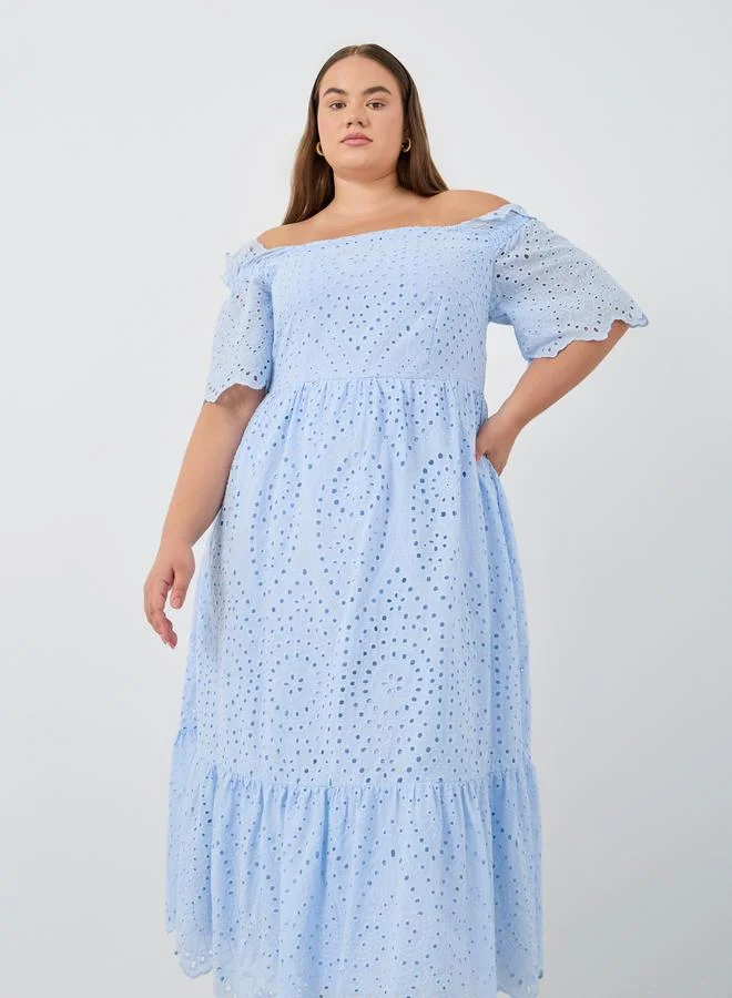 Styli Styli Plus Size Schiffli Off-Shoulder A-Line Midi Dress