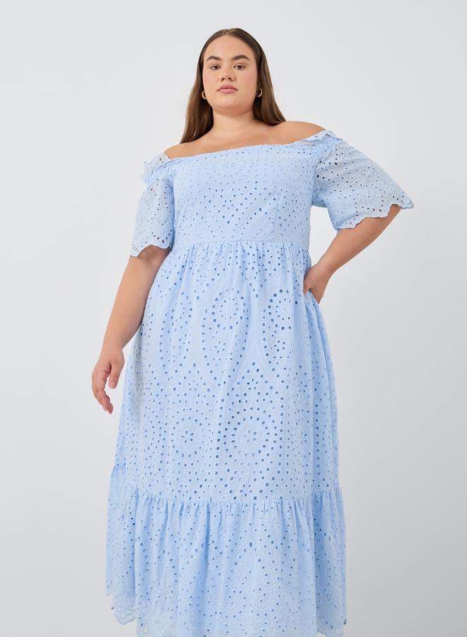 Styli Plus Size Schiffli Off-Shoulder A-Line Midi Dress - Image 3
