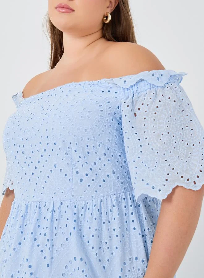 Styli Styli Plus Size Schiffli Off-Shoulder A-Line Midi Dress