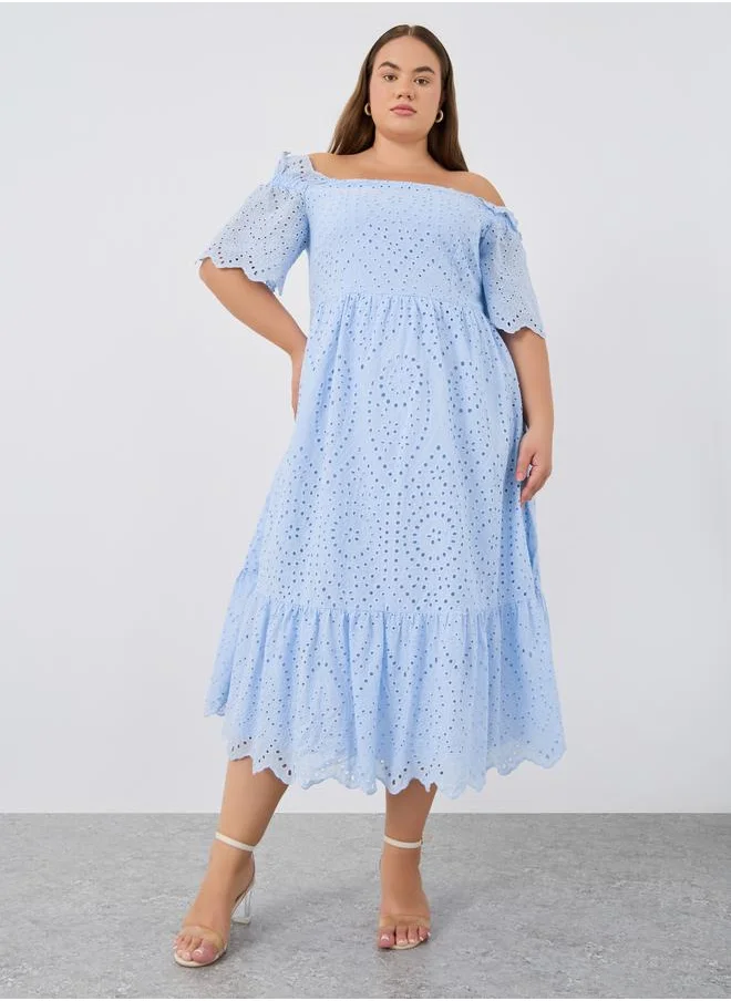 ستايلي Styli Plus Size Schiffli Off-Shoulder A-Line Midi Dress