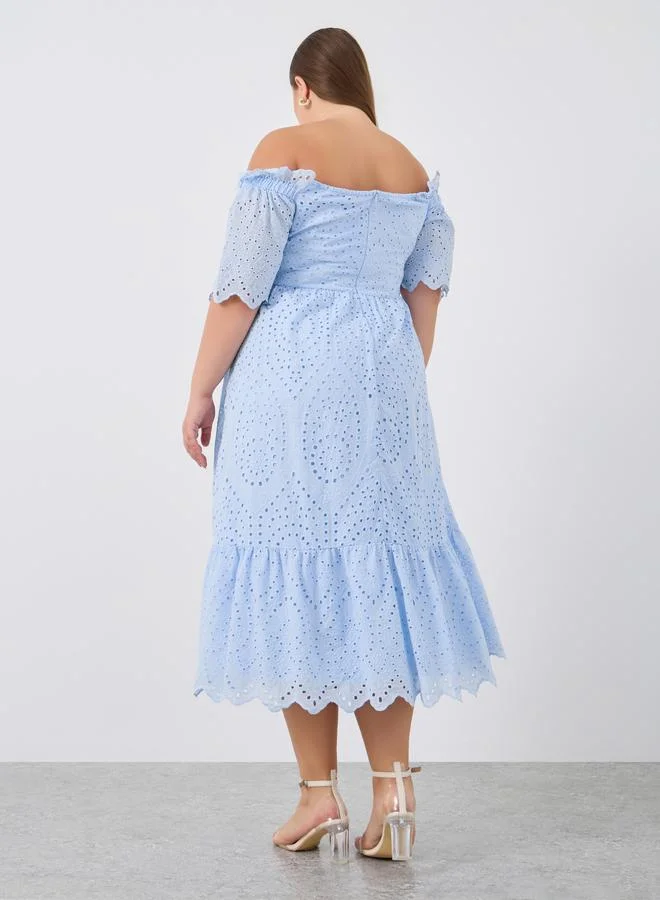 Styli Styli Plus Size Schiffli Off-Shoulder A-Line Midi Dress