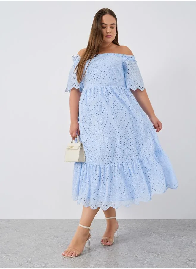 ستايلي Styli Plus Size Schiffli Off-Shoulder A-Line Midi Dress
