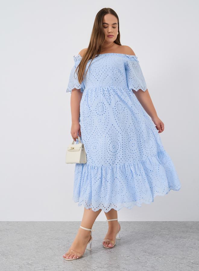 Styli Plus Size Schiffli Off-Shoulder A-Line Midi Dress - Image 1