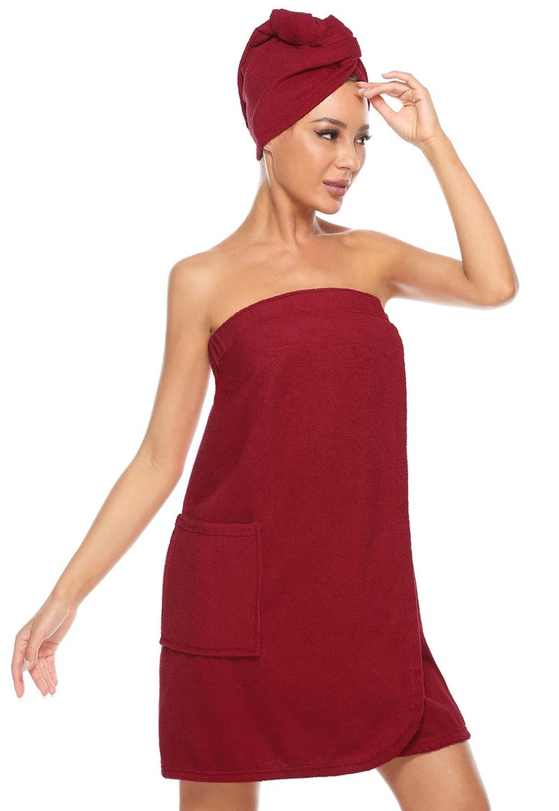 Orrpally Women Shower Wrap Robe Bath Wrap Towel Spa Body Wrap Adjustable Closure Bathrobe Wine Red XL - Image 1