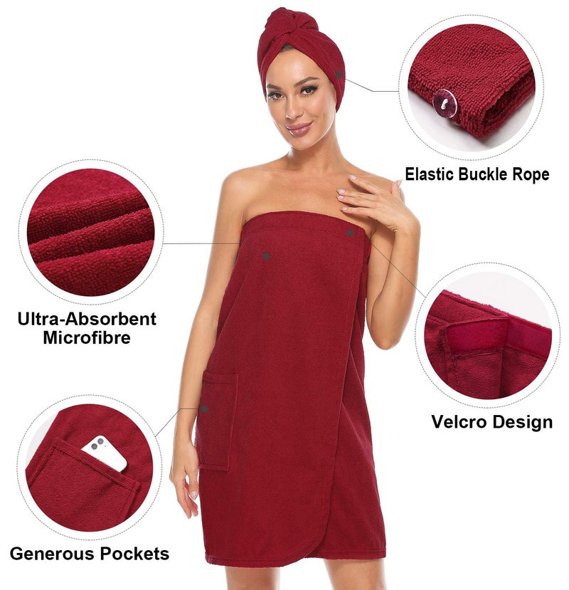 Orrpally Women Shower Wrap Robe Bath Wrap Towel Spa Body Wrap Adjustable Closure Bathrobe Wine Red XL - Image 4