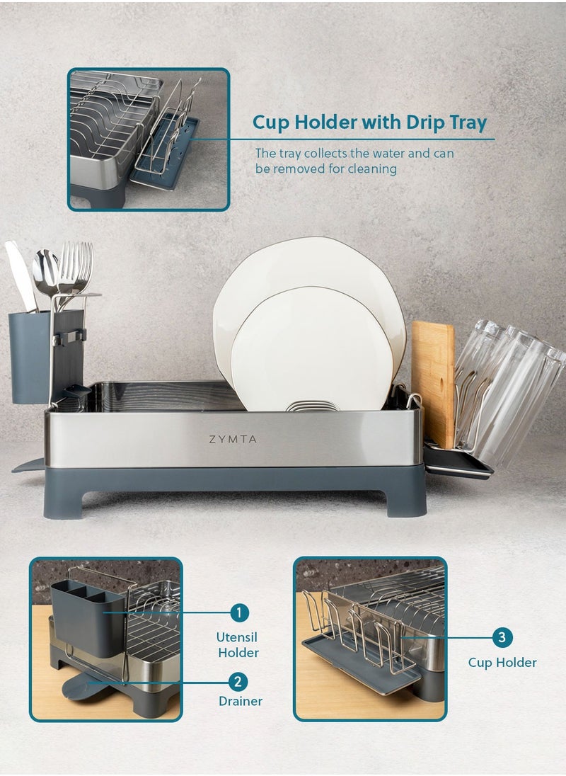 ZYMTA - Drying Rack, Large Capacity Dish Rack with Auto Draining Spout and Utensil Holder, Stainless Steel Drying Rack, 51 x 32 x 24.6 cm for Kitchen - Image 1