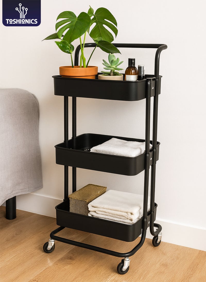 Toshionics 3 Tier Metal Utility Multipurpose Trolley Organizer Cart With Wheels For Office, Kitchen Bathroom Bedroom Black 42x35x85cm - Image 1