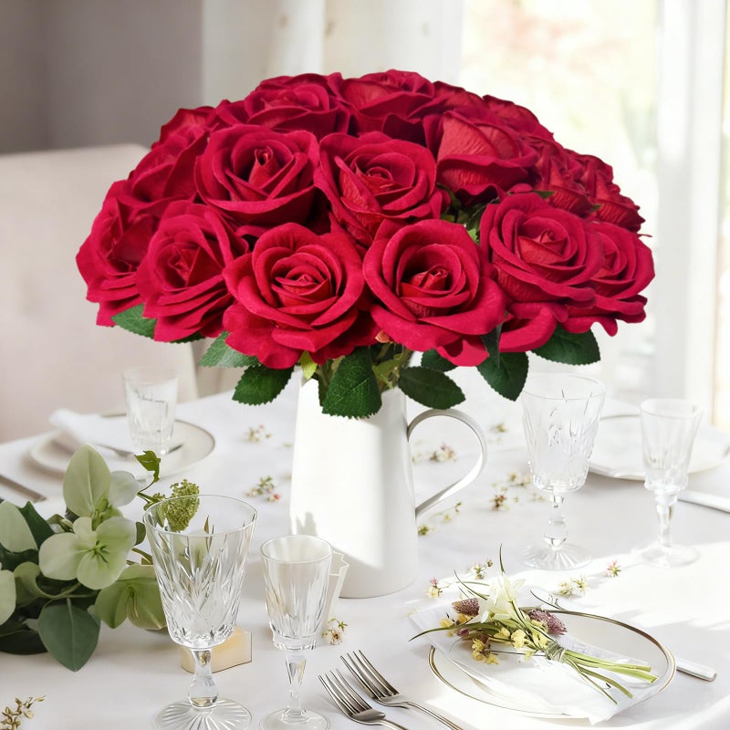 Cherica 100Pcs Red Roses Artificial Flowers with Stemsï¼ŒFake Roses Bouquet Fake Flowers Bulkï¼ŒSilk Velvet Roses for Wedding Centerpieces Arrangement Baby Shower Birthday Home Decor Gifts - Image 3