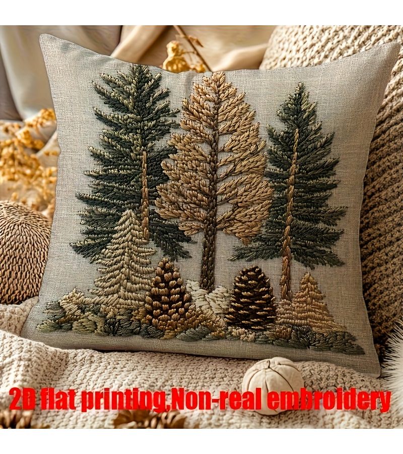 2D Flat Printing Short Plush Pillowcase 18x18 Inch Pine Tree Design Zipper Closure - Image 1