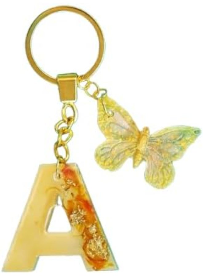 Decorative Letter A Resin Keychain with Butterfly Charm, Gold