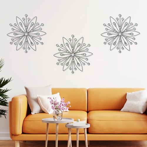 ZEXUIRU 3 Set Black Starburst Wall Art for Home Decor Metal Bling Crystal Rhinestones Sunburst Wall Decor Sparkling Rhinestone Art Accent Black 13in - Image 3