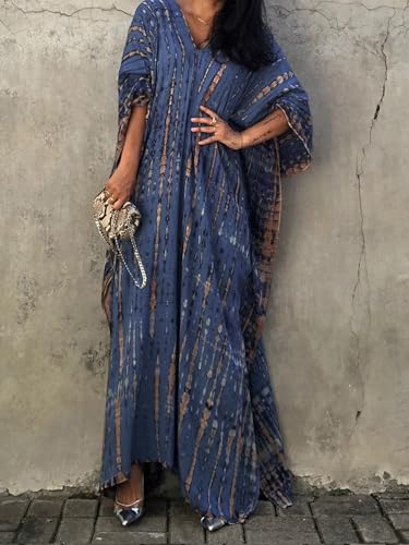 Moss Rose Women Summer Caftan Coverups Dress Kimono Beach Vacation Wear V Neck Print Maxi Boho Dress - Image 4