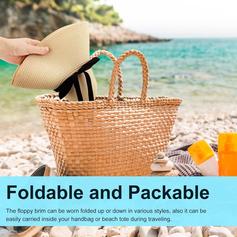DRESHOW Beach Hats for Women Big Straw Wide Brim Summer Hat Floppy Foldable Roll up Cap Sun Hat UPF 50+ - Image 3