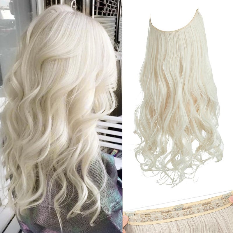 SARLA Invisible Wire Hair Extensions with 3 Clips Long Synthetic Wavy Curly Hairpiece Adjustable Transparent Headband for Women 22 Inch Platinum Blonde - Image 1