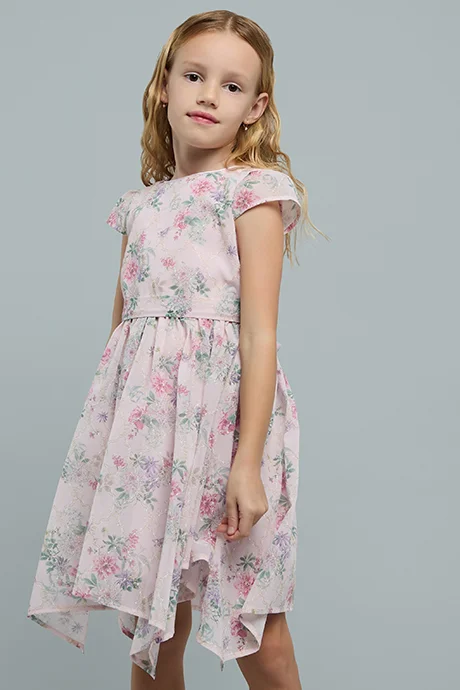 أر أند بي Floral Printed Dress with Crew Neck and Cap Sleeves
