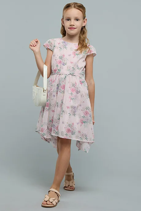 أر أند بي Floral Printed Dress with Crew Neck and Cap Sleeves