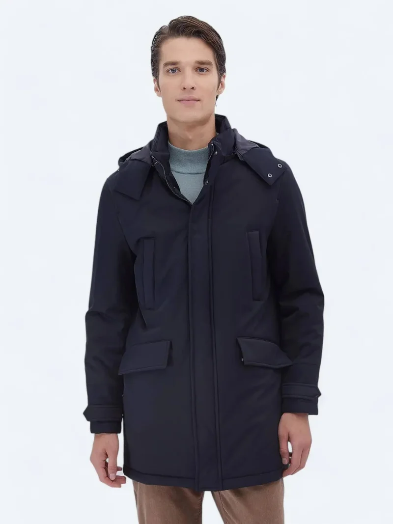 Kip Navy Blue Regular Fit Hooded Casual Weaving Coat