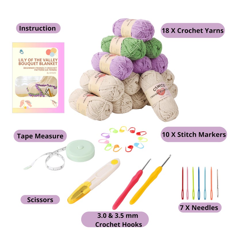 CSWCS Crochet Blanket Kit for Beginners, 40 inches Flower Bouquet Shawl Throw Kits for Adults, Learn How to Knitting with Yarn, Hook & Instructions, Gifts for Women Home Decor (Lily of The Valley Kit) - Image 3