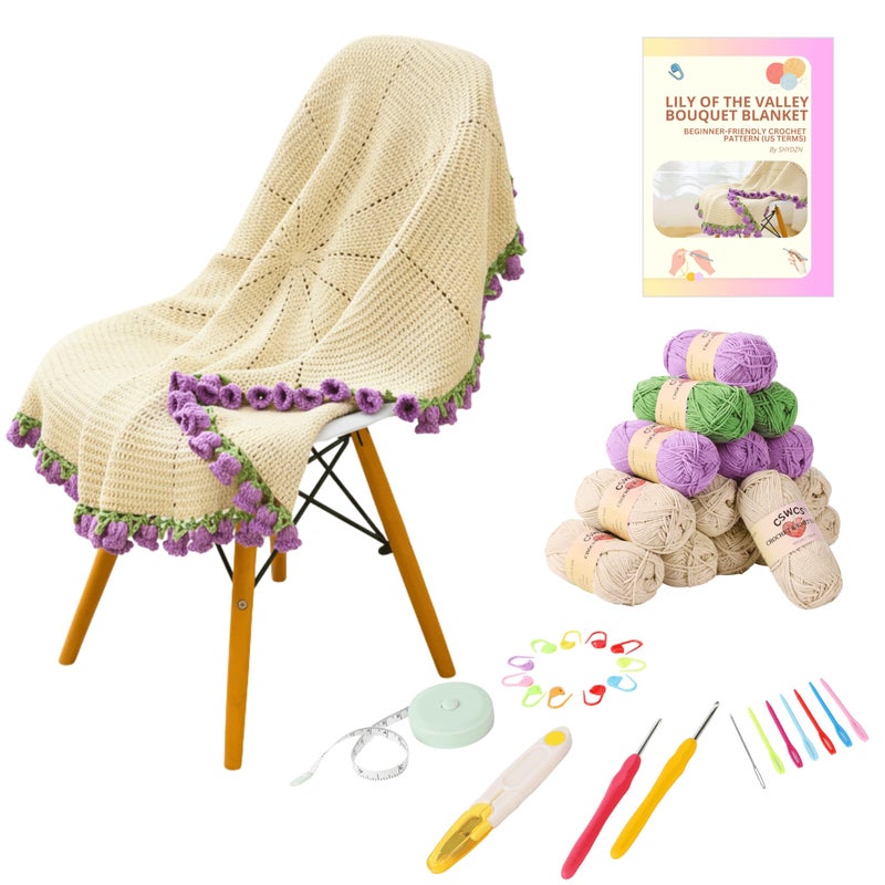 CSWCS Crochet Blanket Kit for Beginners, 40 inches Flower Bouquet Shawl Throw Kits for Adults, Learn How to Knitting with Yarn, Hook & Instructions, Gifts for Women Home Decor (Lily of The Valley Kit) - Image 1