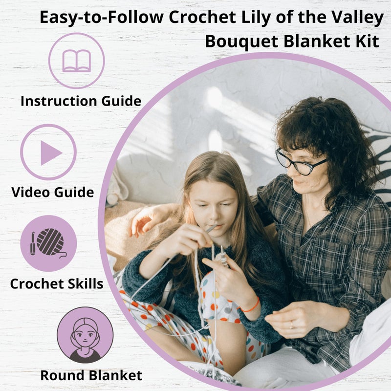 CSWCS Crochet Blanket Kit for Beginners, 40 inches Flower Bouquet Shawl Throw Kits for Adults, Learn How to Knitting with Yarn, Hook & Instructions, Gifts for Women Home Decor (Lily of The Valley Kit) - Image 4