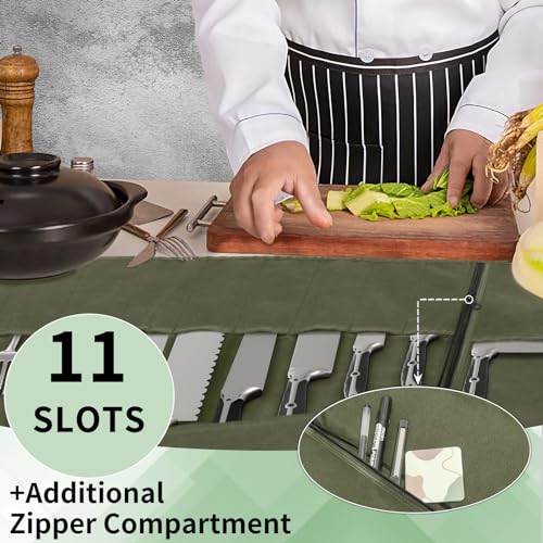 lelezone Chef Knife Roll Bag,Waterproof Waxed Canvas Knife Case Holds,Knives Roll Bags for Chefs Professional with Adjustable Strap,Chef Backpack with 11 Knife Slots and a Large Zippered Pocket - Image 3
