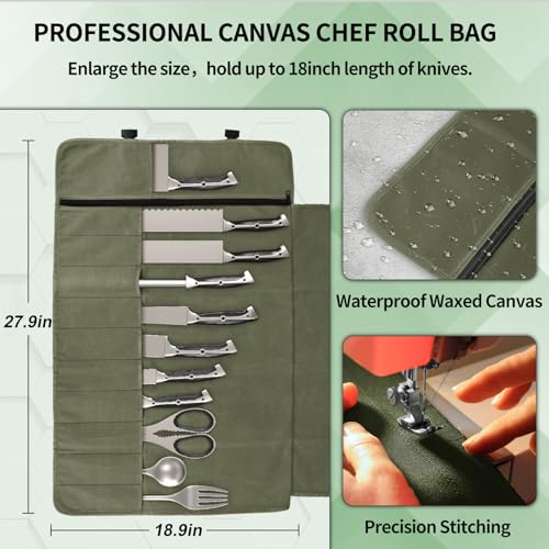 lelezone Chef Knife Roll Bag,Waterproof Waxed Canvas Knife Case Holds,Knives Roll Bags for Chefs Professional with Adjustable Strap,Chef Backpack with 11 Knife Slots and a Large Zippered Pocket - Image 2
