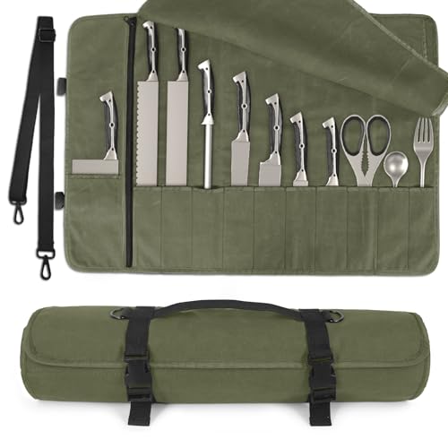 lelezone Chef Knife Roll Bag,Waterproof Waxed Canvas Knife Case Holds,Knives Roll Bags for Chefs Professional with Adjustable Strap,Chef Backpack with 11 Knife Slots and a Large Zippered Pocket - Image 1