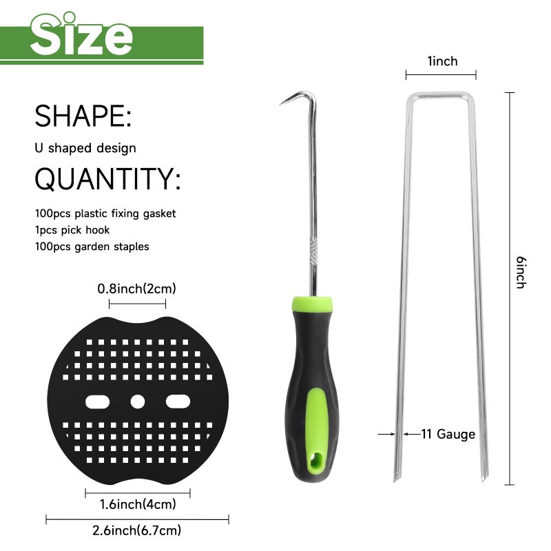 JELNER Garden Stakes,6 Inch 11 Gauge 100pcs Galvanized Landscape Staples + 100pcs Gaskets + 1Pick Hook, Tent Stakes Landscaping Fabric SOD Pins for Weed Fabric Barrier,Groud Cover,Fence - Image 2