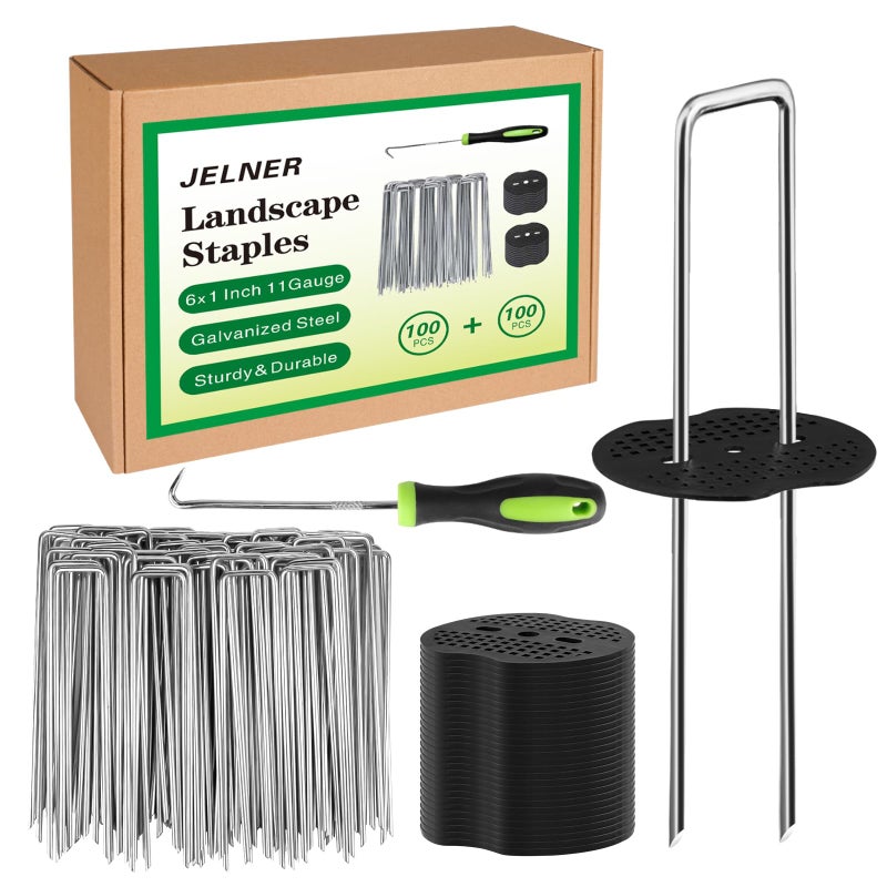 JELNER Garden Stakes,6 Inch 11 Gauge 100pcs Galvanized Landscape Staples + 100pcs Gaskets + 1Pick Hook, Tent Stakes Landscaping Fabric SOD Pins for Weed Fabric Barrier,Groud Cover,Fence - Image 1