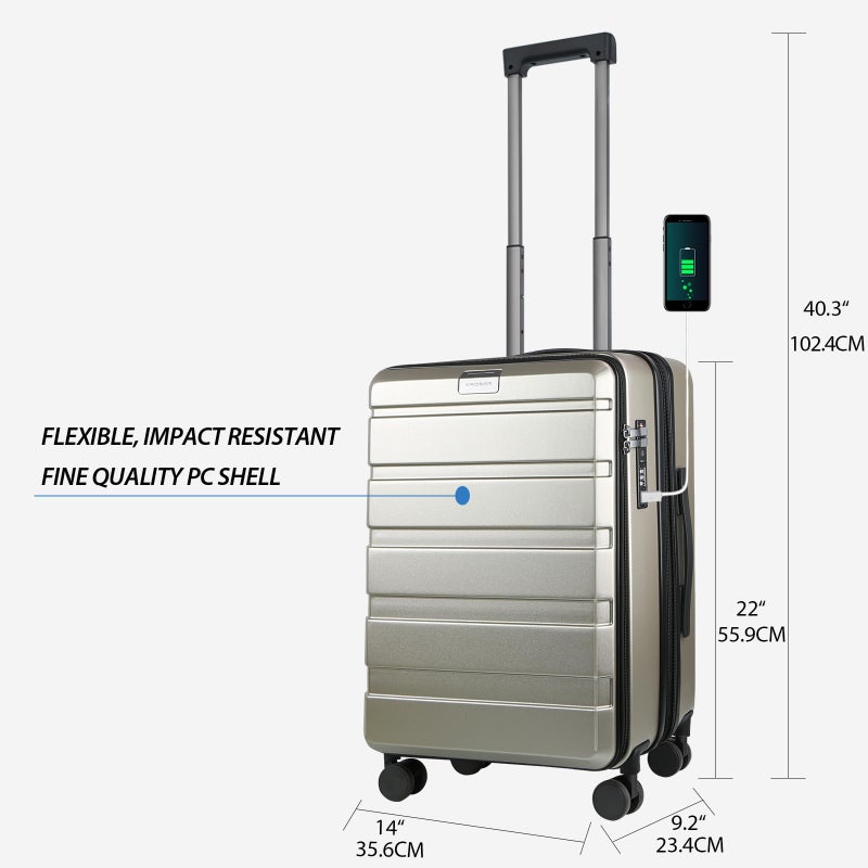 KROSER Carry On Luggage with Spinner Wheels & Built-in TSA Lock, Expandable Top Opening Hard Shell Suitcase Large Capacity Durable Rolling Luggage with USB Port, Carry-On 20-Inch, Champagne - Image 2