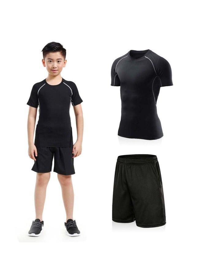 GGEROU Boys Compression Shirts Short Sleeve and Athletic Running Shorts Set, Athletic Compression Tops, Quick Dry Workout Sets for Boy  - Image 1