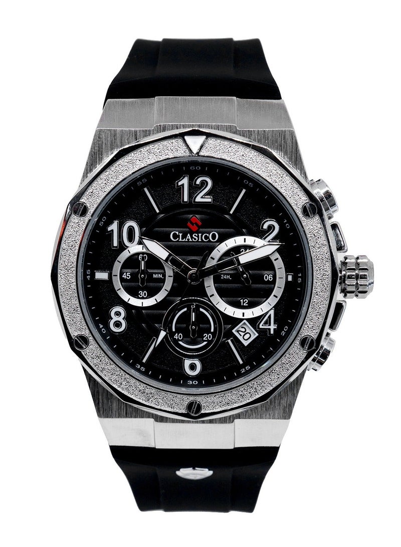 Clasico ساعة فلوكسار كرونوغراف بـ 6 عقارب – إصدار كرونوغراف من الفولاذ الفضي مع حزام سيليكون فاخر – حركة عيار Y121 النخبوية – تصميم مقاوم للماء - Image 1