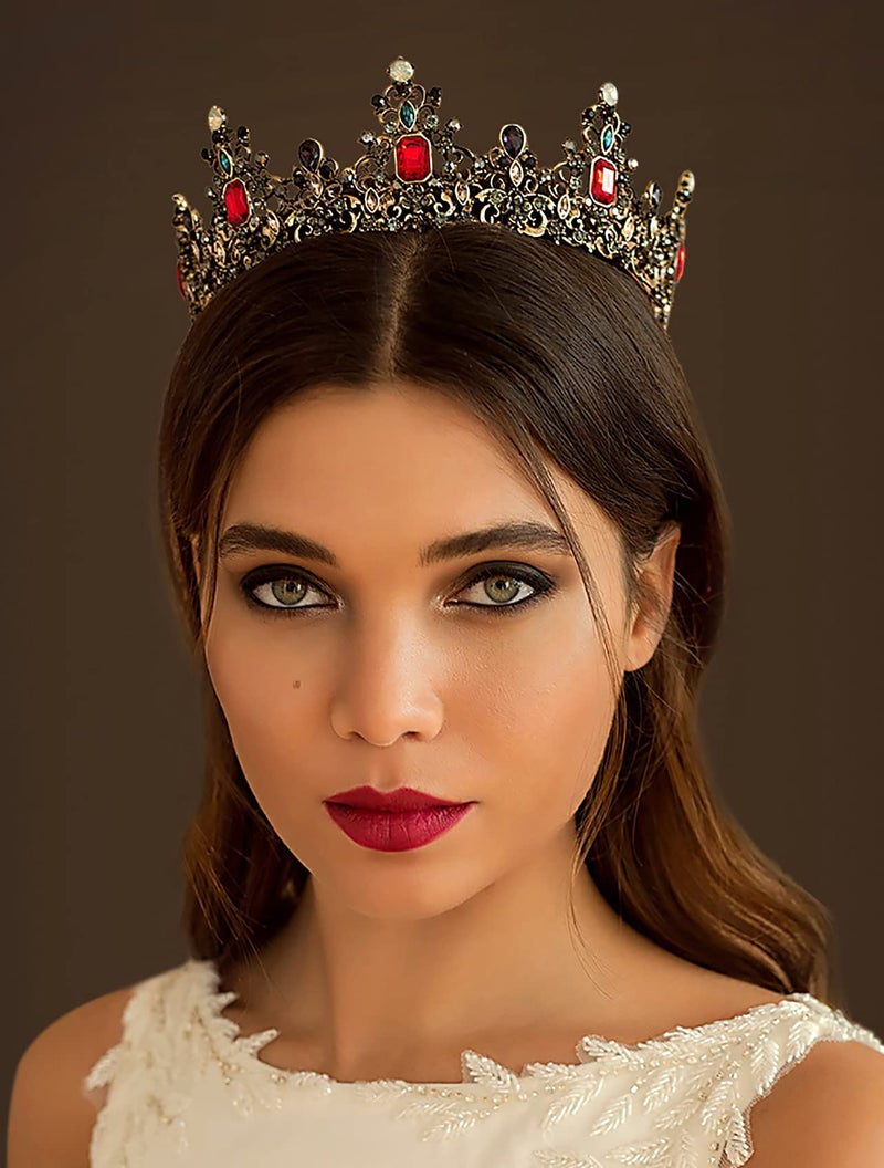 SWEETV Jeweled Baroque Queen Crown - Rhinestone Wedding Tiaras and Crowns for Women, Black Costume Party Hair Accessories with Ruby, Victoria - Image 2